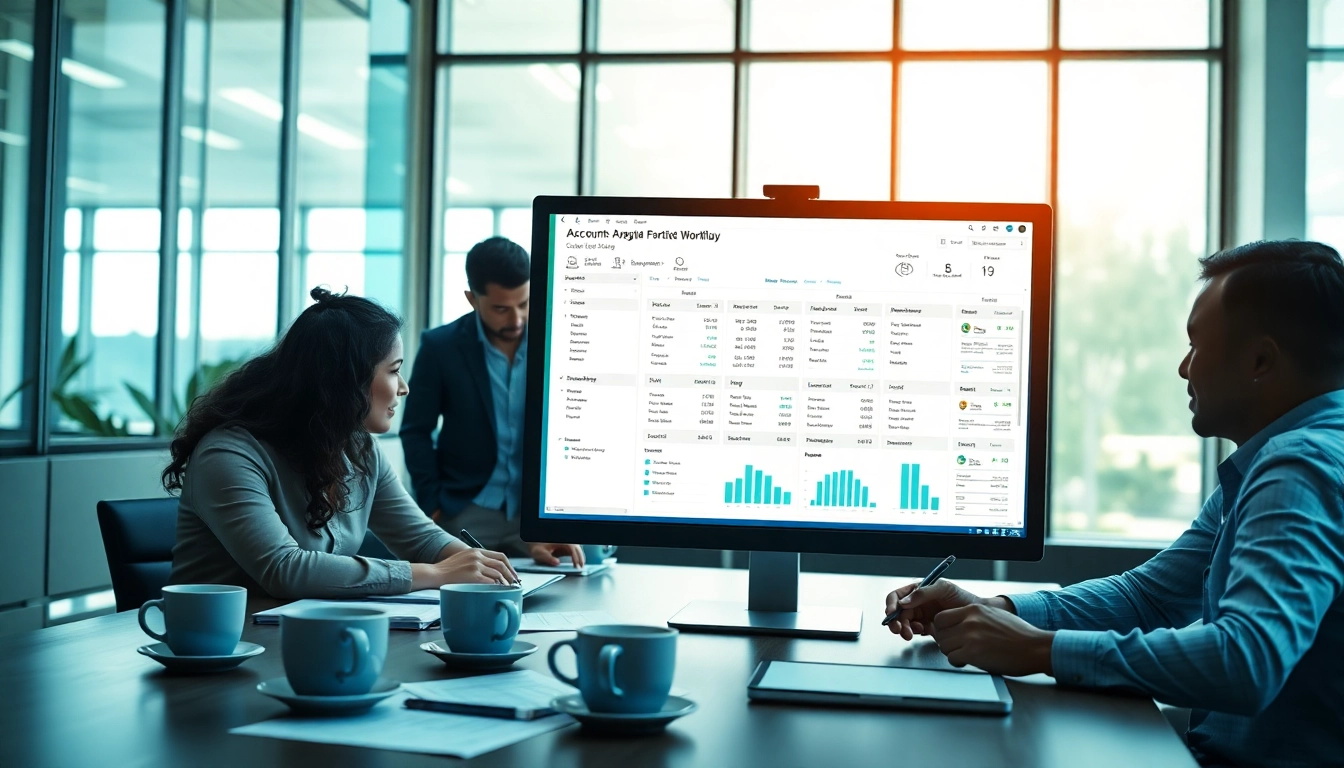 Engaged team analyzing accounts payable workflow software in a modern office.