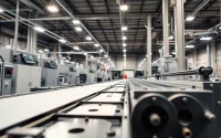 Showcasing precision die cutting process in an industrial manufacturing setting with modern machines.