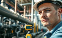 Engineer evaluates pipe stress Company systems in an industrial setting.