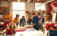 Engaged participants in custom workshops collaborate in a bright, creative studio filled with art supplies.