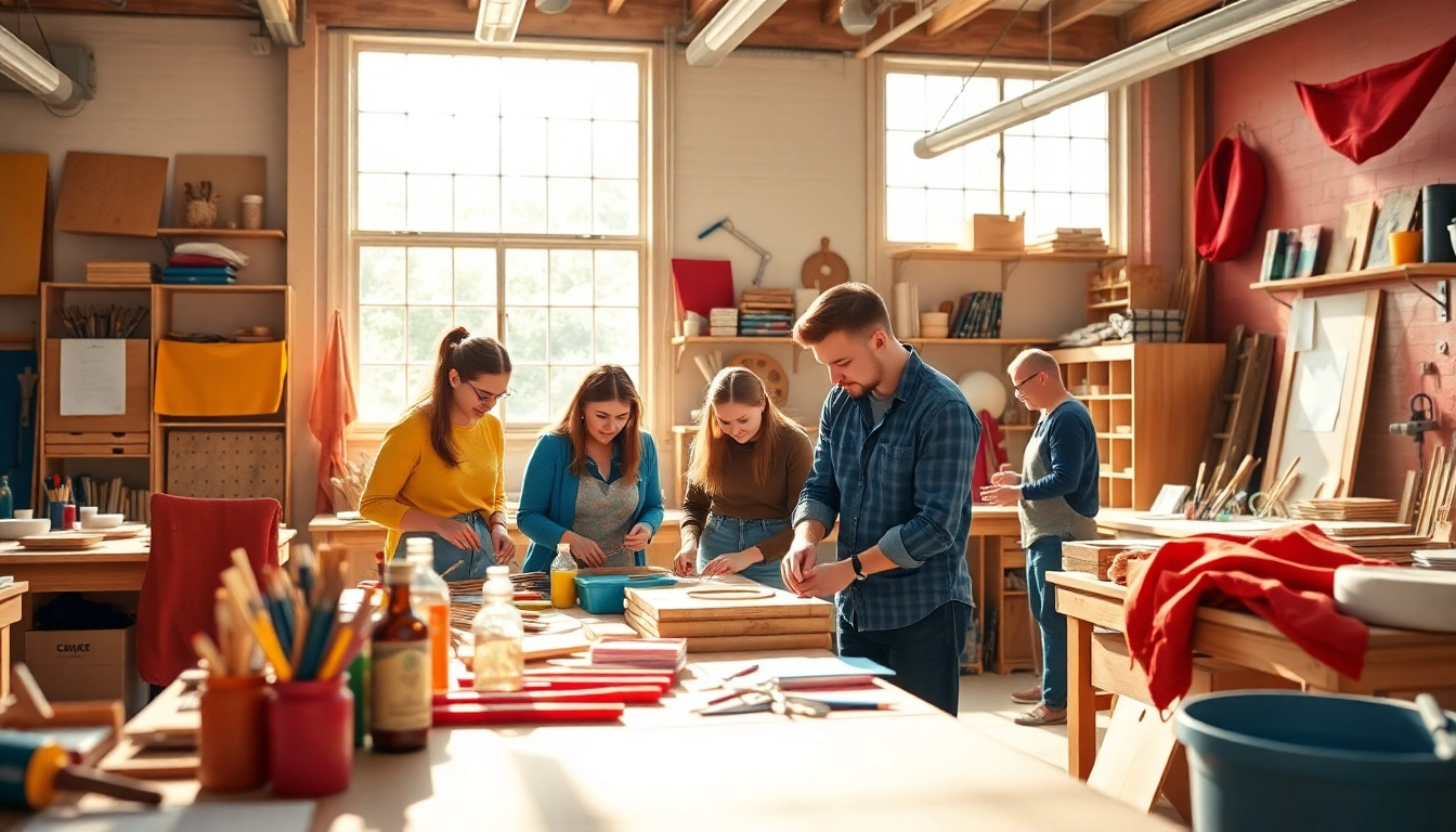 Engaged participants in custom workshops collaborate in a bright, creative studio filled with art supplies.