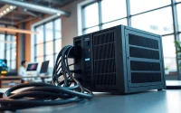 TPower power supply device showcased in a modern office setting with glowing gadgets.
