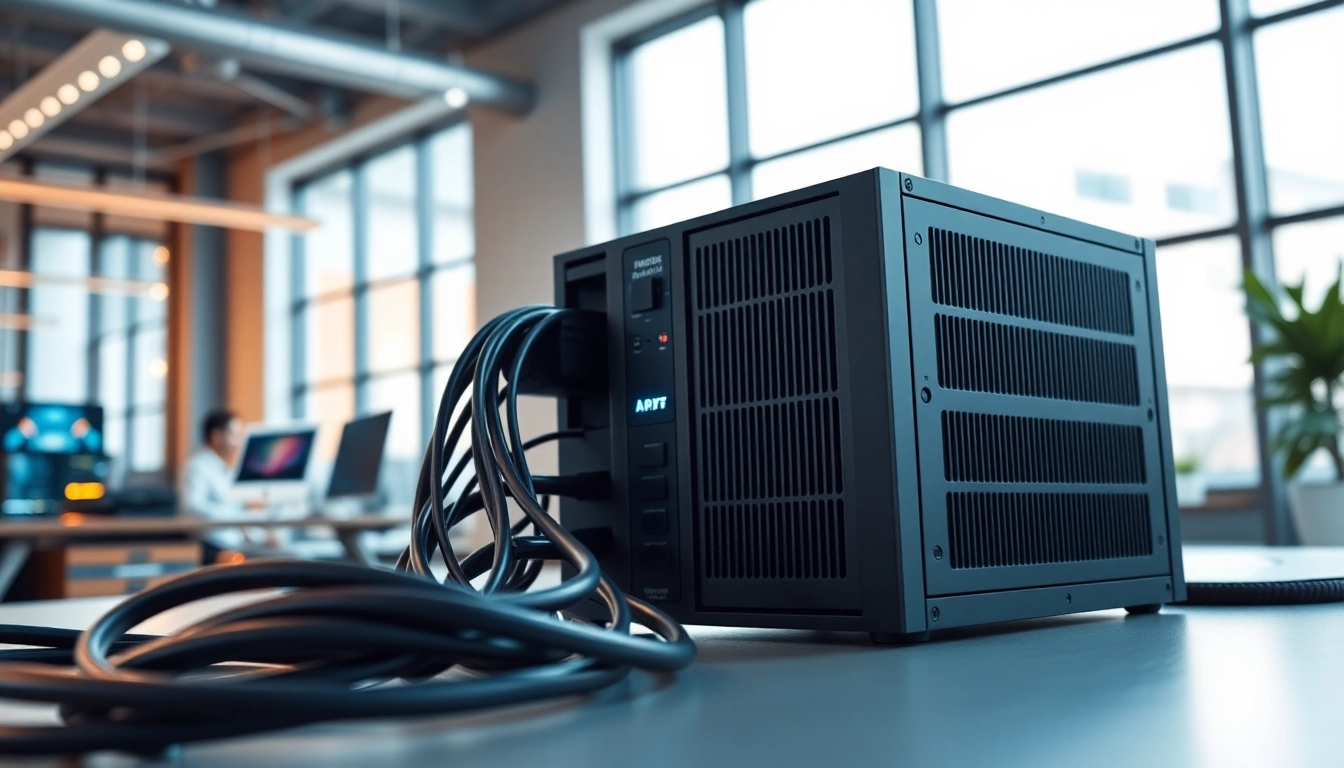 TPower power supply device showcased in a modern office setting with glowing gadgets.