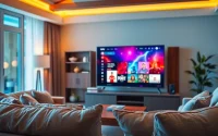 Experience a free streaming trial in a cozy home entertainment setup with a modern smart TV.