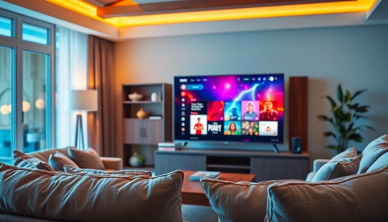 Experience a free streaming trial in a cozy home entertainment setup with a modern smart TV.