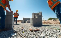 Building footing and block walls at a bustling construction site.