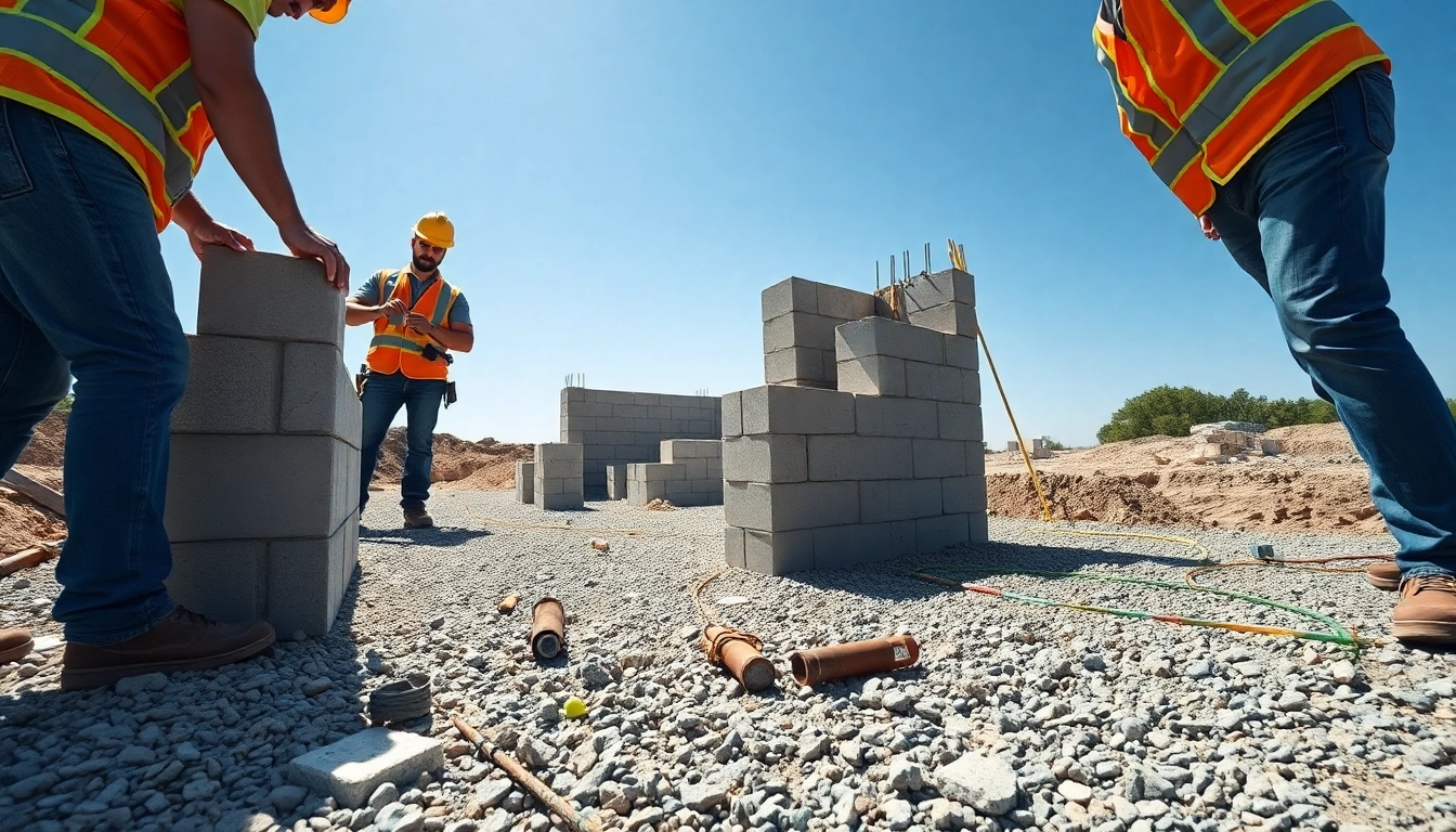 Building footing and block walls at a bustling construction site.