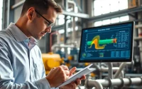 Engineer conducting pipe stress Analysis while noting findings in a high-tech industrial environment.