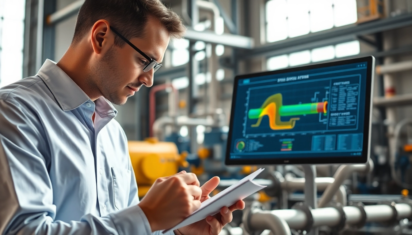 Engineer conducting pipe stress Analysis while noting findings in a high-tech industrial environment.