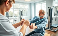 Engaging senior physiotherapy session in Edmonton with a therapist assisting an elderly patient.