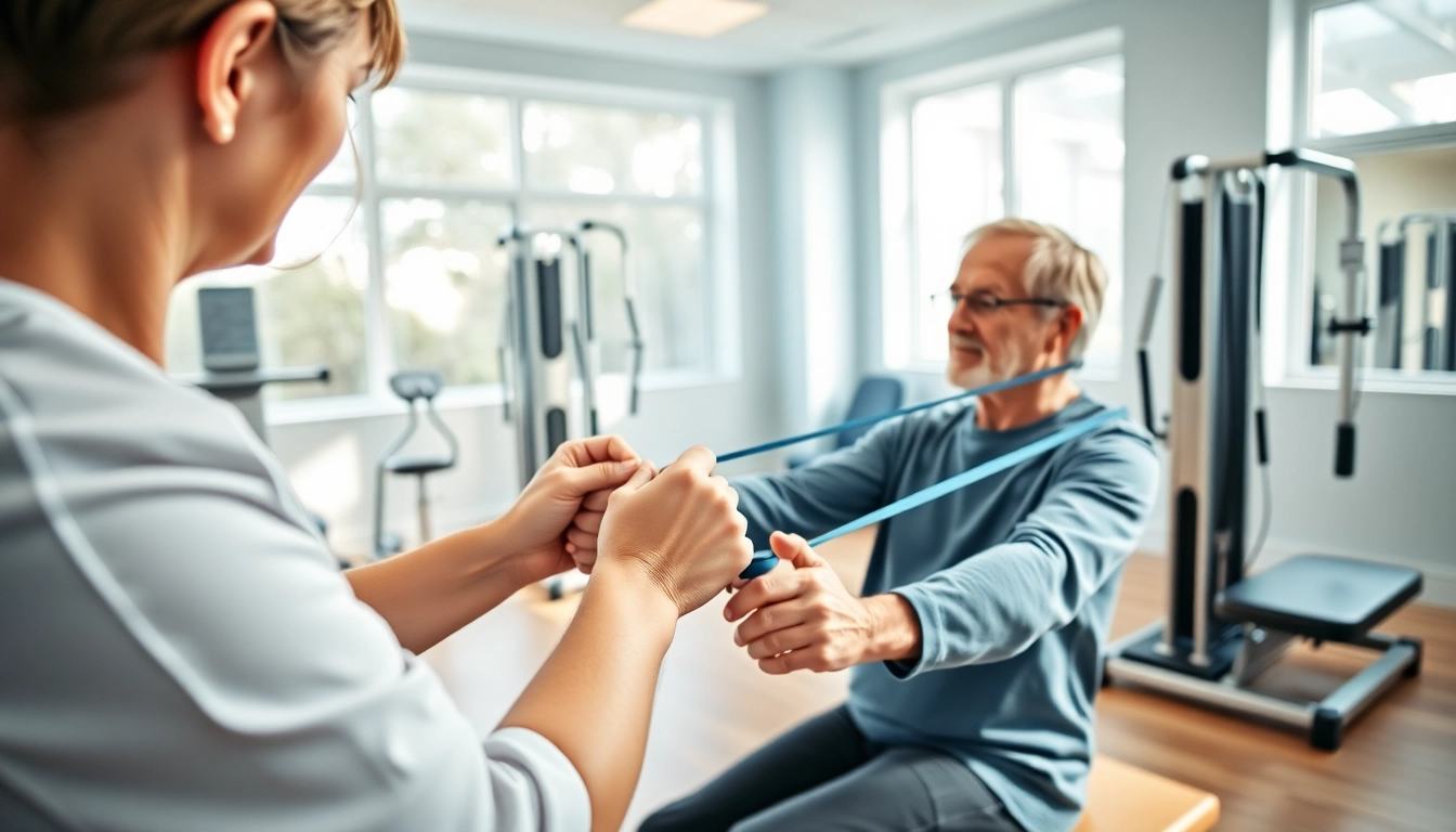 Engaging senior physiotherapy session in Edmonton with a therapist assisting an elderly patient.