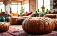 Stylish Moroccan Leather Poufs and Ottomans enhancing a vibrant living room decor.
