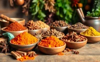 Showcasing vibrant oriental spices in rustic bowls, highlighting their rich textures and colors.
