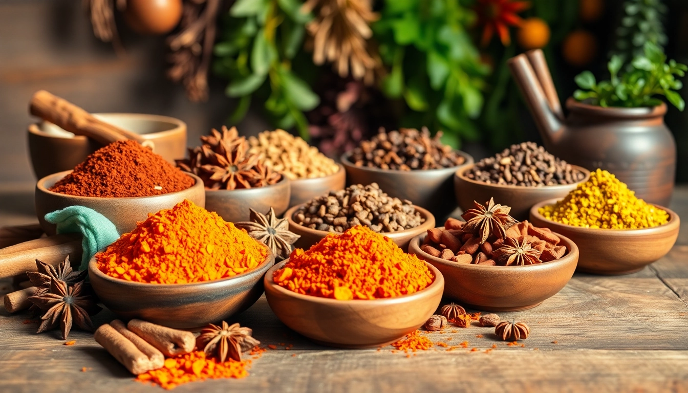Showcasing vibrant oriental spices in rustic bowls, highlighting their rich textures and colors.