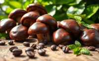 Indulge in chocolate mushrooms arranged beautifully on a wooden table, highlighting their rich texture.