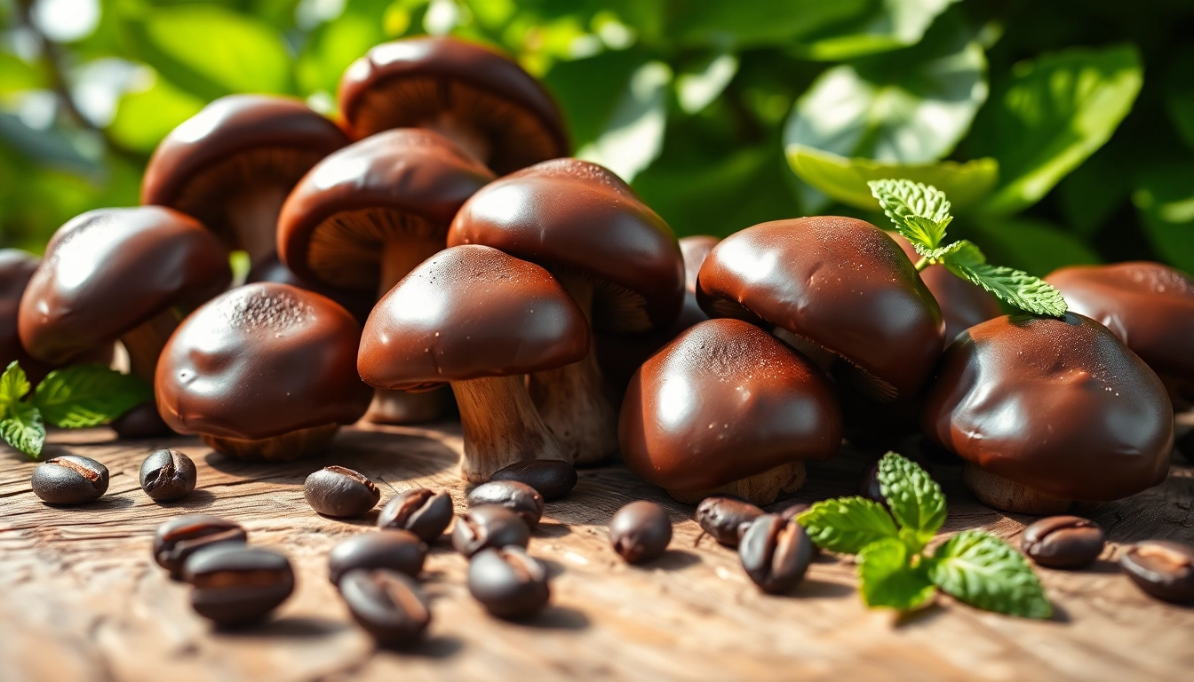 Indulge in chocolate mushrooms arranged beautifully on a wooden table, highlighting their rich texture.
