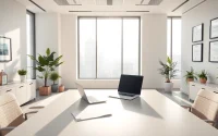 Showcase of a registered office address in a bright office setting with modern decor and equipment.