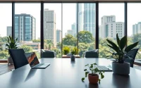 Architectural office space for rent in Bangalore with modern amenities and city views.