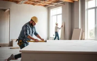 Drywall contractors efficiently installing drywall panels in a well-lit workspace.