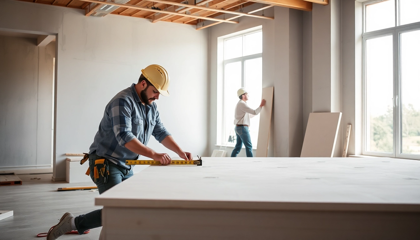 Drywall contractors efficiently installing drywall panels in a well-lit workspace.
