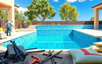 Workers engaged in pool construction at a modern backyard, showcasing skilled craftsmanship and vibrant design.