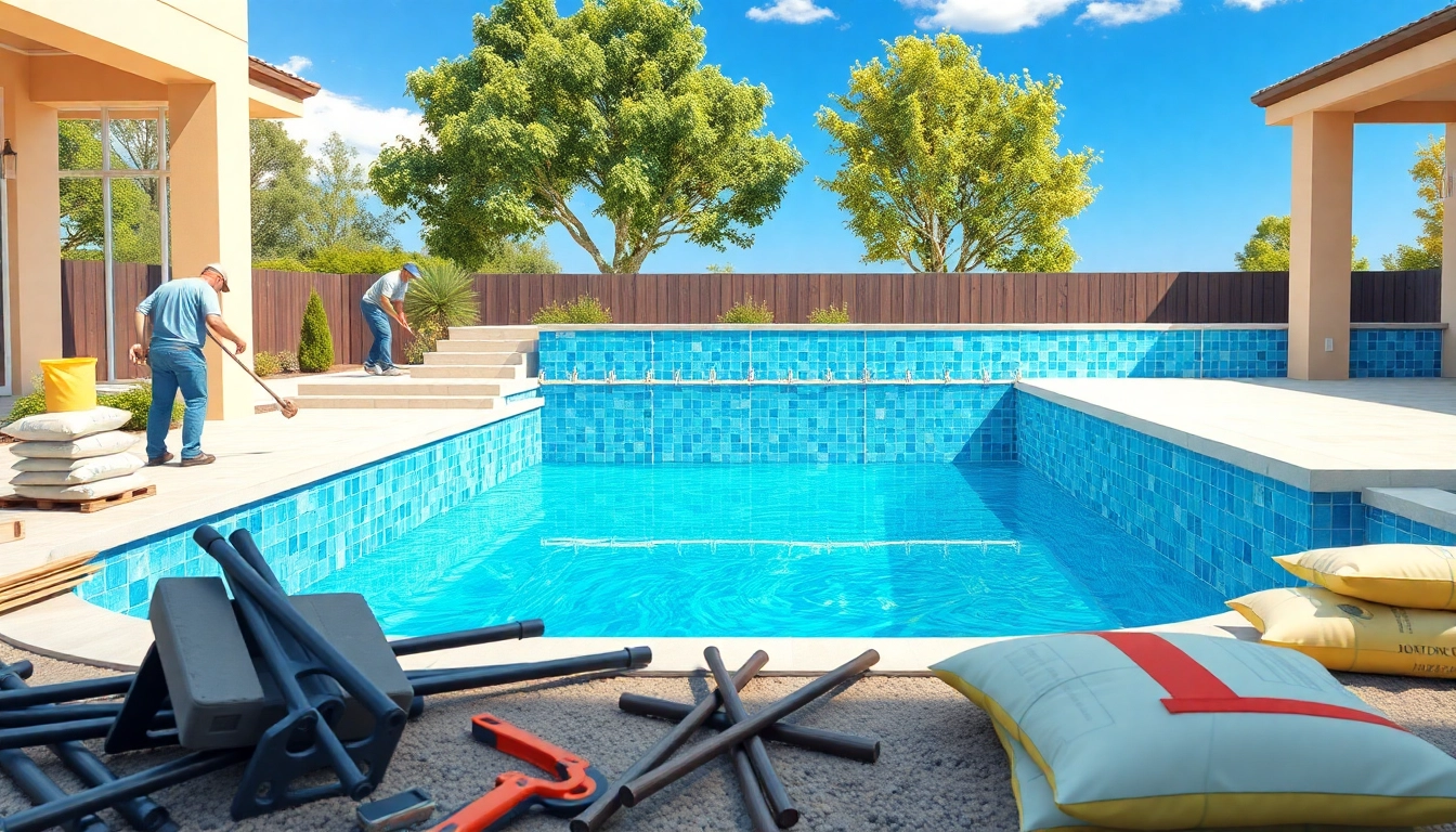 Workers engaged in pool construction at a modern backyard, showcasing skilled craftsmanship and vibrant design.