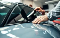 Enhance car tinting scene featuring a technician applying window film with precision.