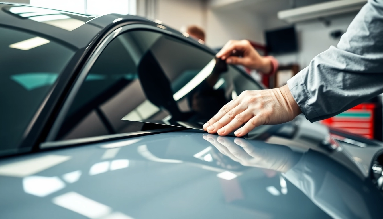 Enhance car tinting scene featuring a technician applying window film with precision.