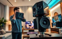 Enhance your space with expert home audio installation near me, featuring sleek audio equipment and a skilled technician.