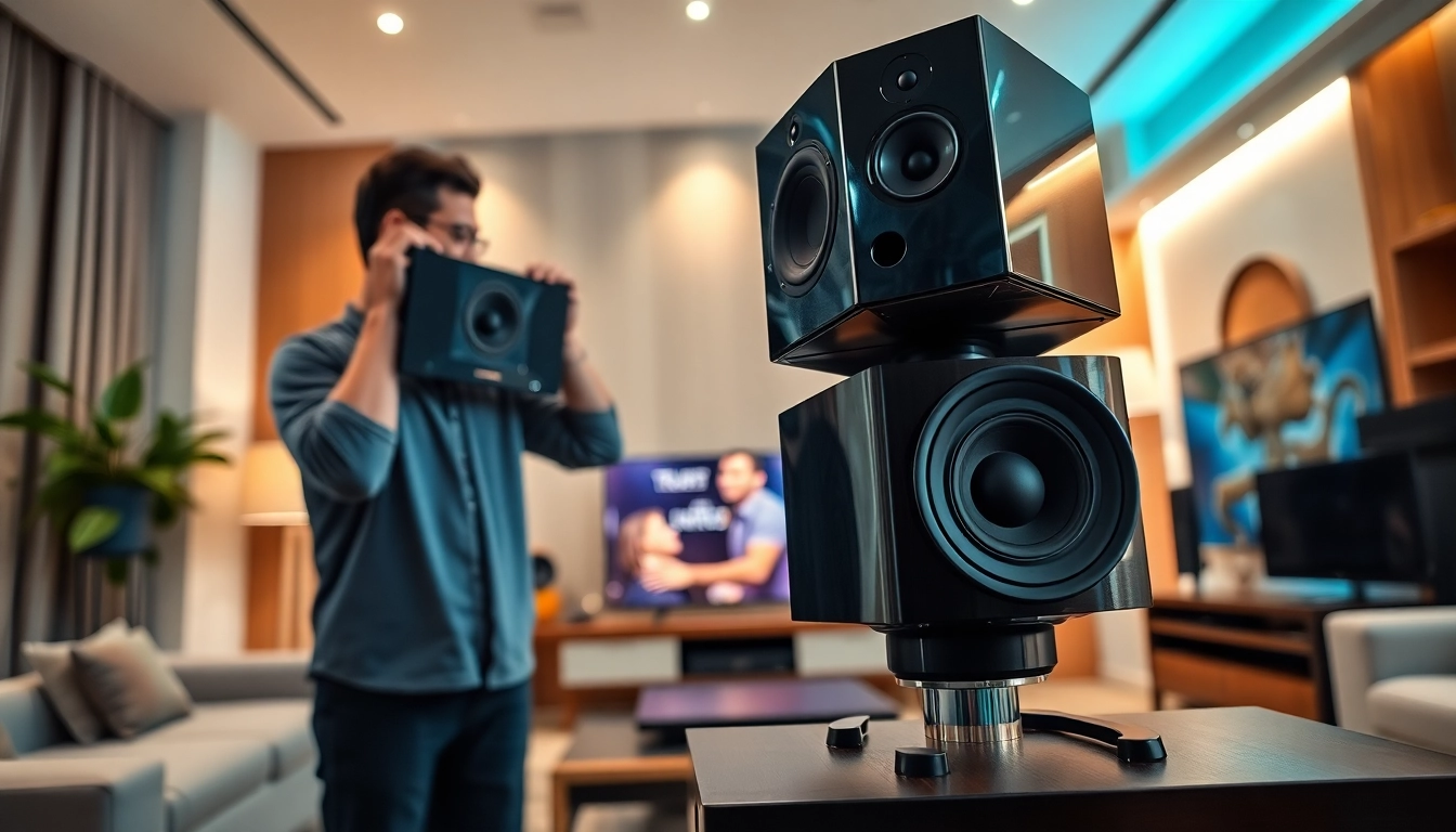 Enhance your space with expert home audio installation near me, featuring sleek audio equipment and a skilled technician.