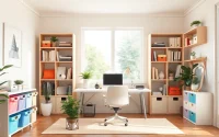 House organizer Alpharetta curating a tidy home office with vibrant storage solutions and natural light.