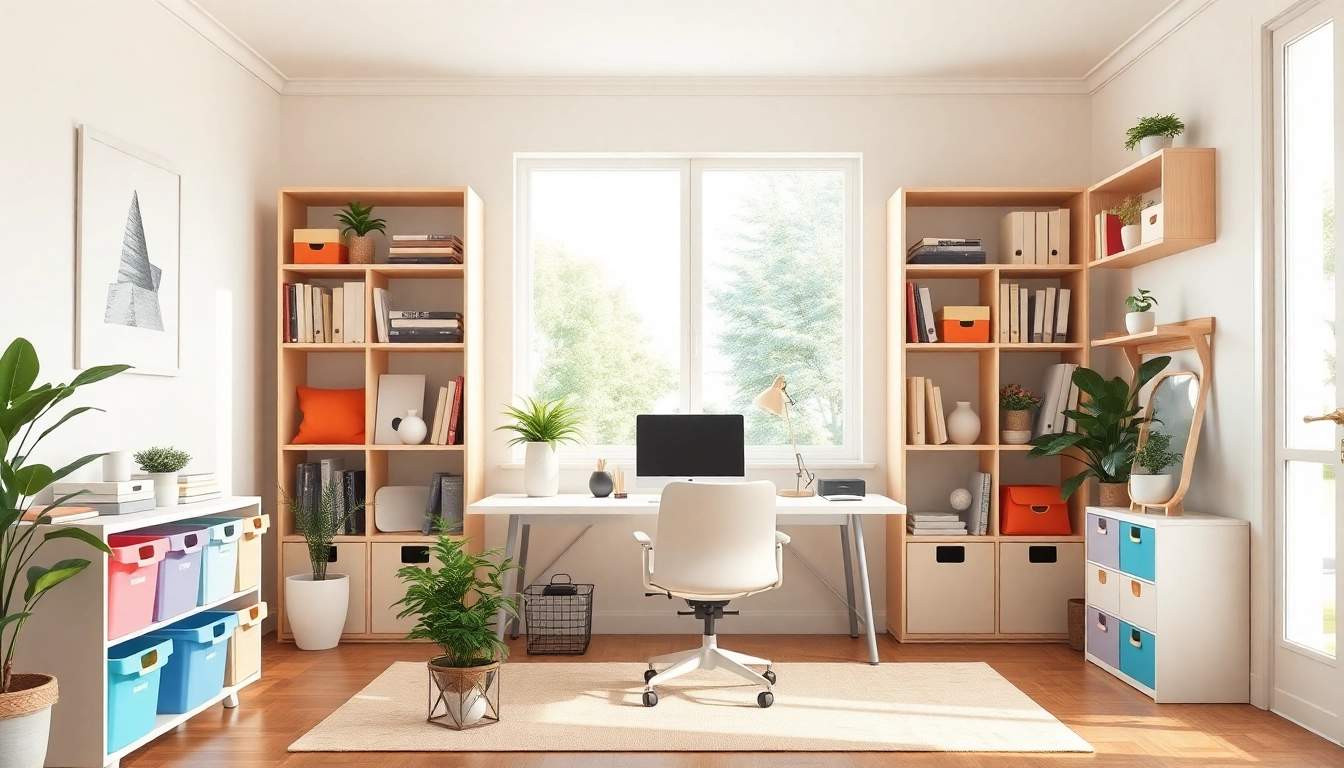 House organizer Alpharetta curating a tidy home office with vibrant storage solutions and natural light.
