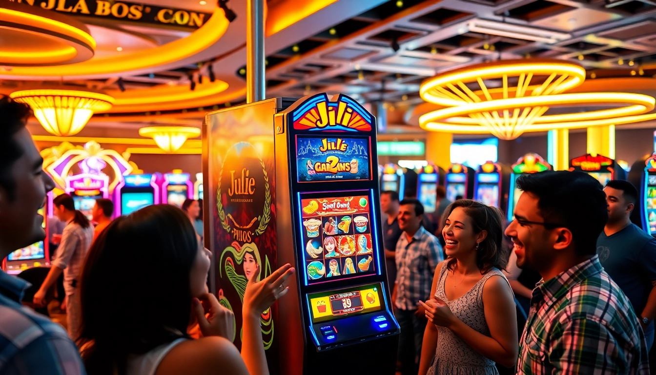 Players enjoying immersive JILI Games at a vibrant casino slot machine.