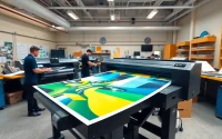 School poster printers creating vibrant educational materials in a modern studio.