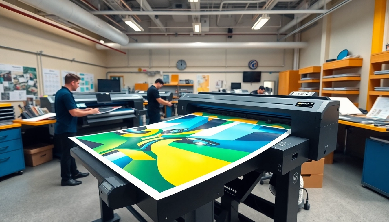 School poster printers creating vibrant educational materials in a modern studio.