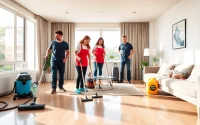 Efficient bond cleaning Logan team making an apartment sparkling clean with professional tools.
