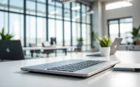Las laptops Huawei destacadas en un entorno de oficina moderna con un diseño minimalista.