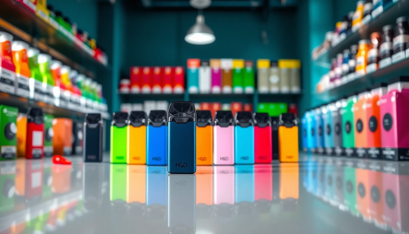 Hqd pods in a colorful arrangement showcasing various flavors and designs für eine einladende Präsentation.