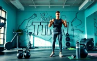 Engaging online gym training session showcases a professional trainer in a modern fitness environment.