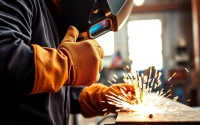 Welder showcasing durable welding gloves while performing a task