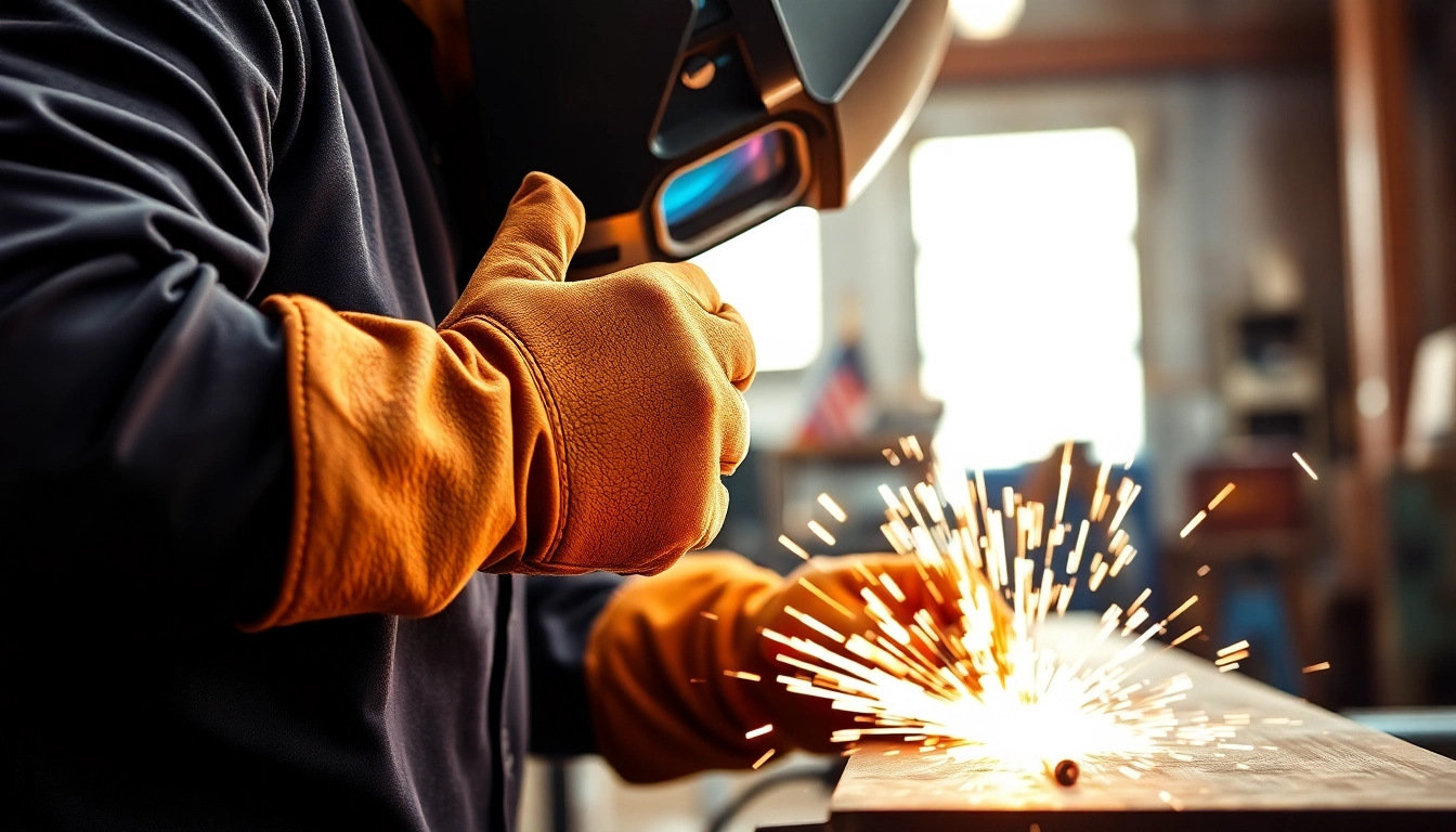 Welder showcasing durable welding gloves while performing a task
