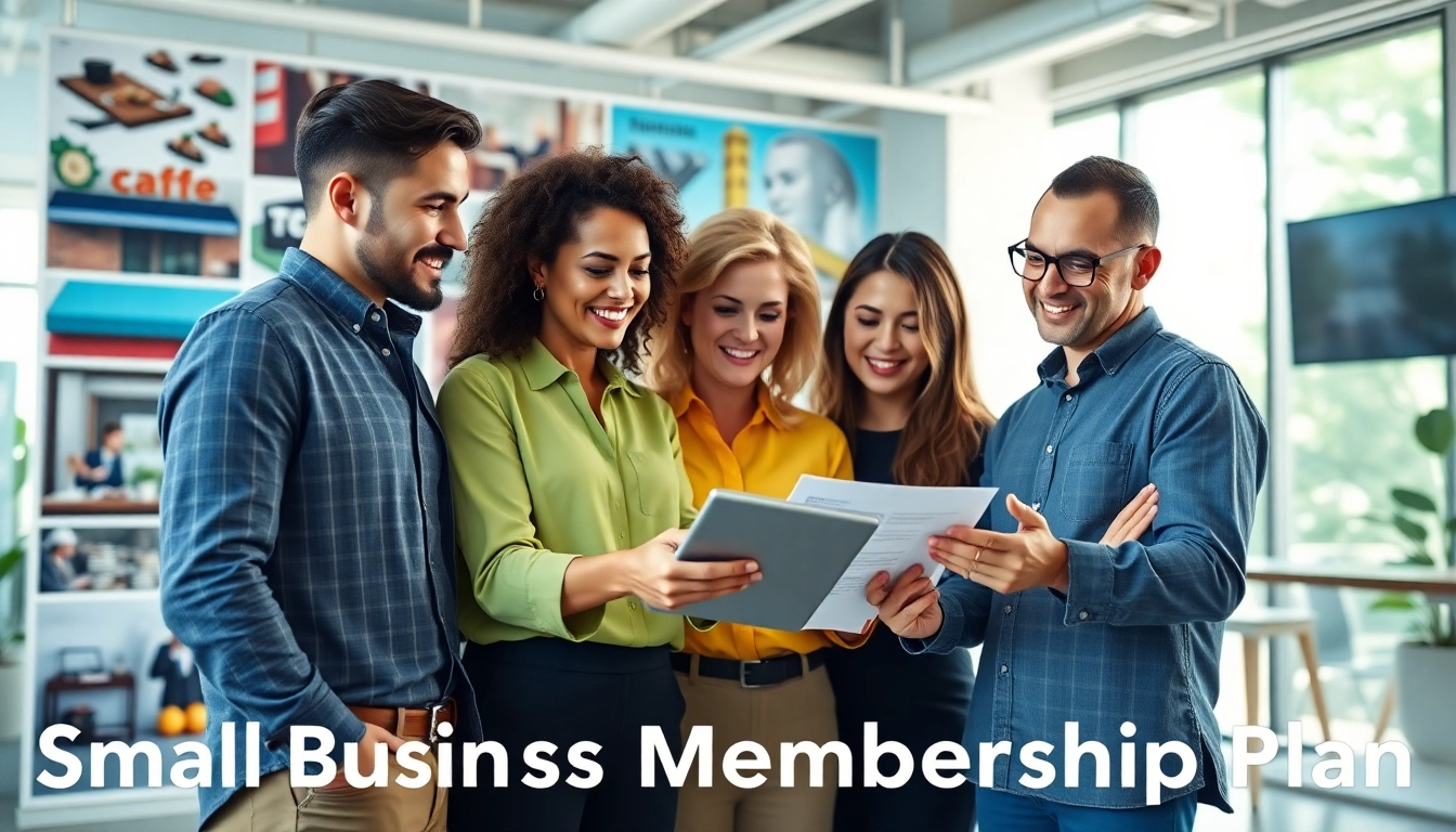 Discussing strategies for a Small Business Membership Plan among diverse entrepreneurs in a vibrant office.