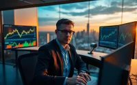 Engaged professional analyzing AI trading data at a tech-inspired workstation.