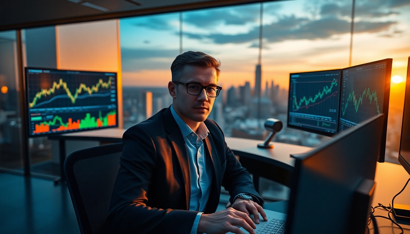 Engaged professional analyzing AI trading data at a tech-inspired workstation.
