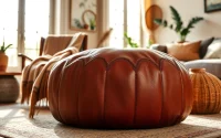 Explore the luxurious craftsmanship of Moroccan leather poufs at http://labboho.com/collections/leather-poufs-ottomans in a stylish living room setting.