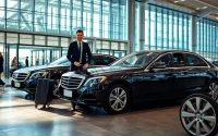 Reliable airport car service at a busy terminal, showcasing a driver assisting a passenger with luggage