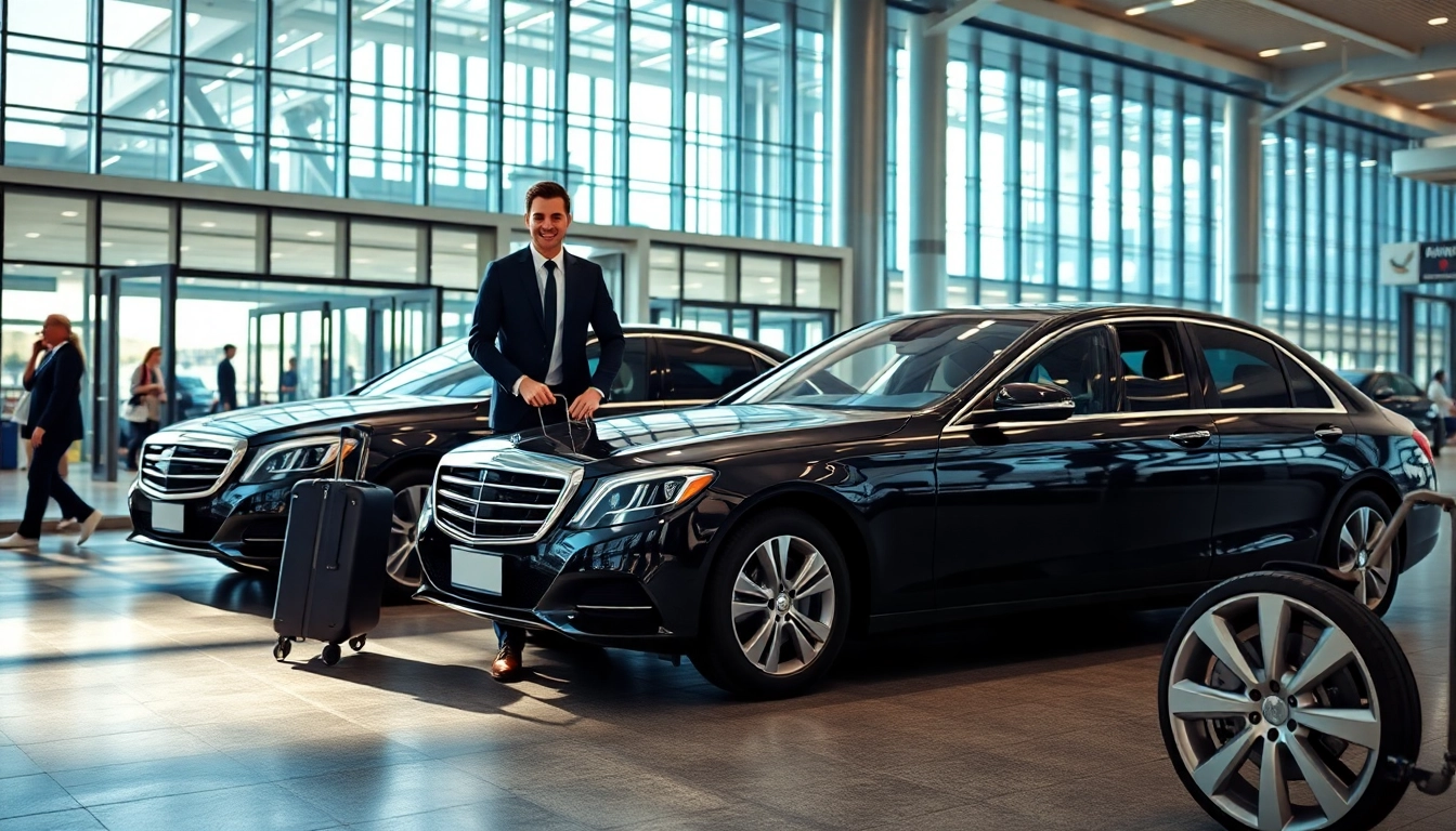 Reliable airport car service at a busy terminal, showcasing a driver assisting a passenger with luggage