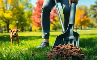 Dog owner cleaning up dog poop in a park using a scoop, promoting proper pet waste disposal.