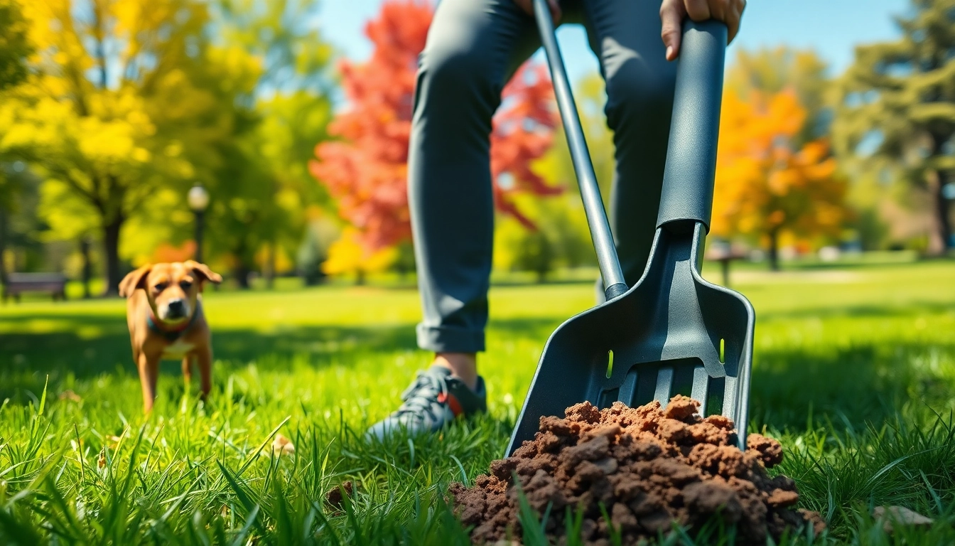 Dog owner cleaning up dog poop in a park using a scoop, promoting proper pet waste disposal.