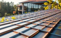 Showcasing luxury metal roofing with sleek shingles on a stylish contemporary home.